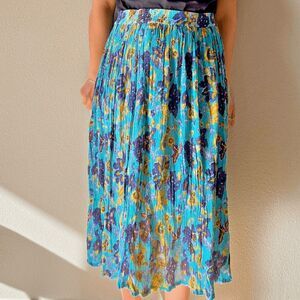 Vtg 80s Olivia Womens Floral Accordion midi‎ skirt blue purple boho medium rayon